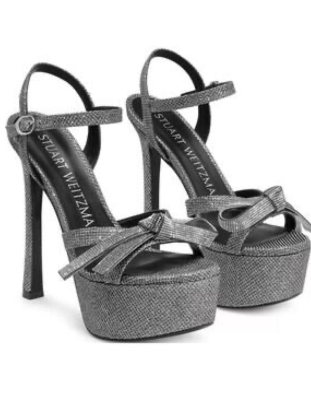 Stuart Weitzman NWOB mega bow platform silver glitter high heel sandals sz 10